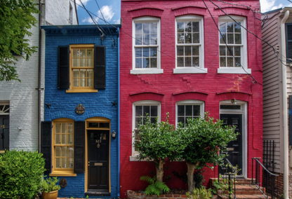 red and blue colorful buildings
